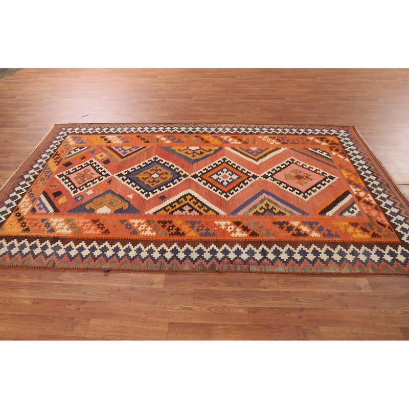 Orange Kilim Qashqai Persian Vintage Area Rug Hand-Woven Wool Carpet - 5'2"x 8'11"