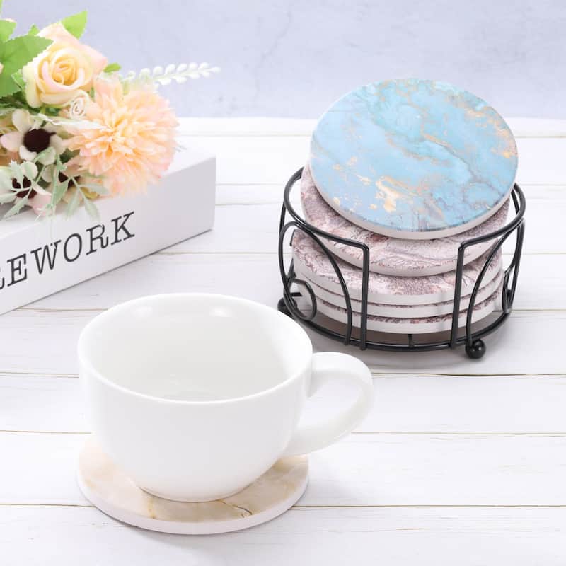 6Pcs White Marble Square Absorbent Coasters with Cork Backing Non-Slip 4in