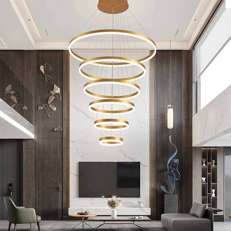 Modern Ring LED Chandelier Large Circle Pendant Light for High Ceilings, Dimmable with Remote - 6 Rings