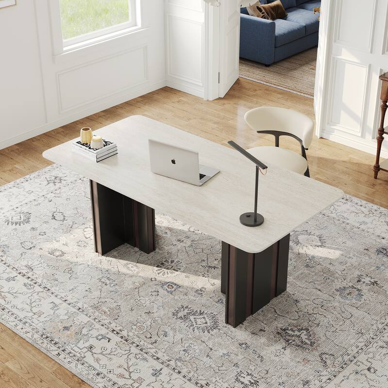 63" Modern Rectangular Writing Desk, Travertine Sintered Stone Top, Stainless Steel Double Base