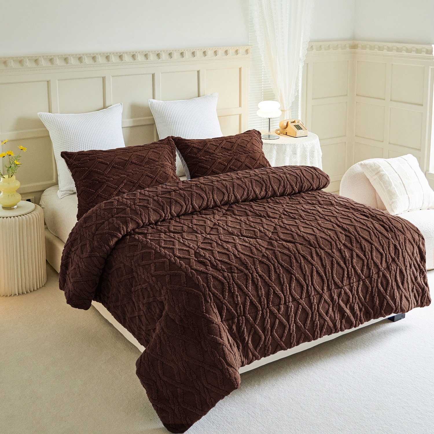 3 Pieces Sherpa Fleece Comforter Set Fluffy Comforter Bedding Set with 2 Pillowcases Grey King