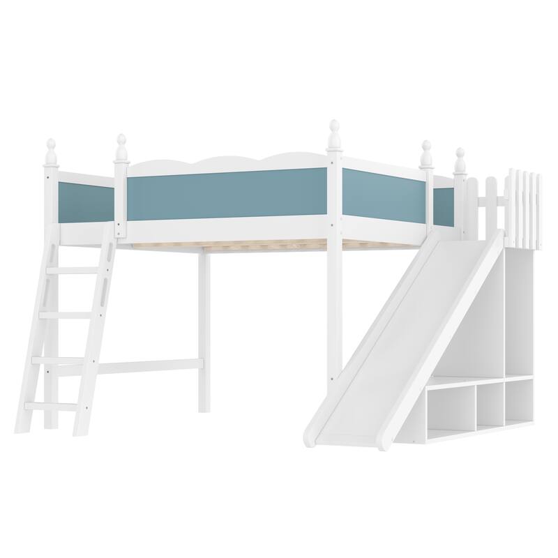 Roomfitters Queen Loft Bed with Slide and Storage Cabinet, Solid Wood High Sleeper with Shelves, Blue and White