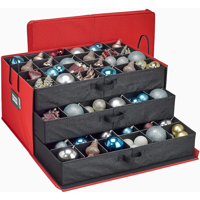Christmas Ornament Storage Container Box with Dividers - Stores up to 72- 4" Ornaments - 3 Removable Trays with Separators. - Red