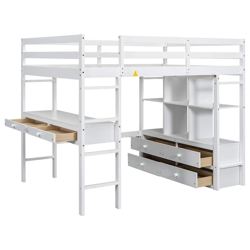 Full Size White Loft Bed with Desk Drawers Shelves Pine