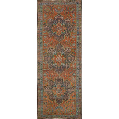 Hand Knotted Oriental 100% Wool Carpet Traditional Geometric Oranges & Rust Heriz Runner Rug - 10' 1'' X 3' 4''