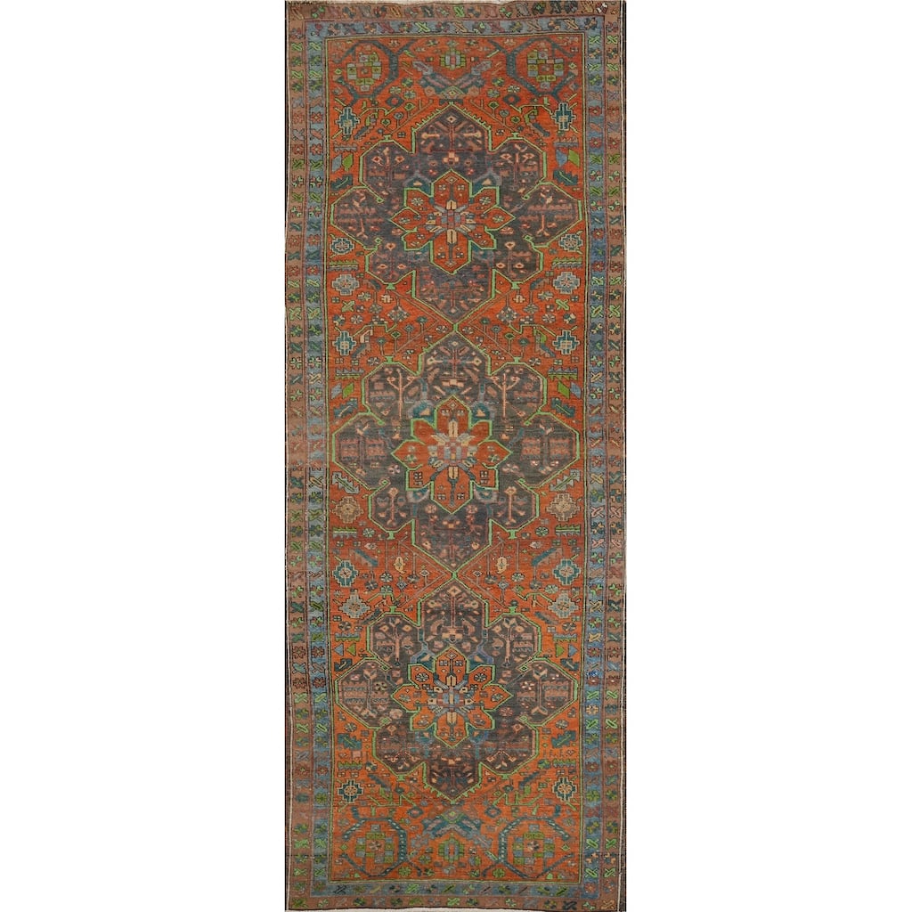 Hand Knotted Oriental 100% Wool Carpet Traditional Geometric Oranges & Rust Heriz Runner Rug - 10' 1'' X 3' 4''