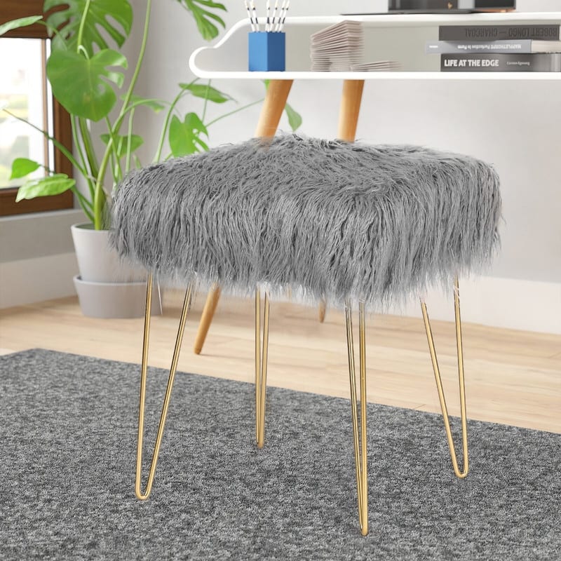 Adeco Faux Ottoman Vanity Stool with Metal Legs for Bedroom - Grey