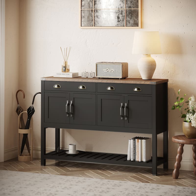 47'' Modern Farmhouse Console Storage Table - Two Drawers,Four-Door Cabinet with Slatted Display Shelf