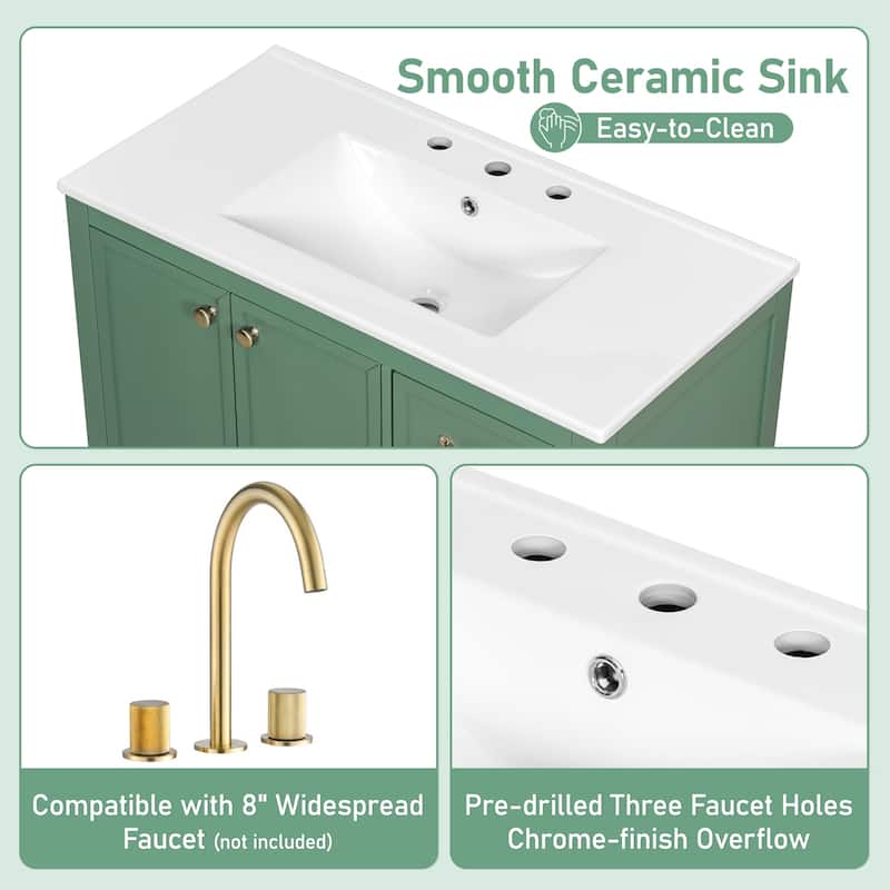 36" Bathroom Vanity with Sink Set, Wood Frame Vintage Bathroom Cabinet Vanity with Soft-Closing Doors & Drawers