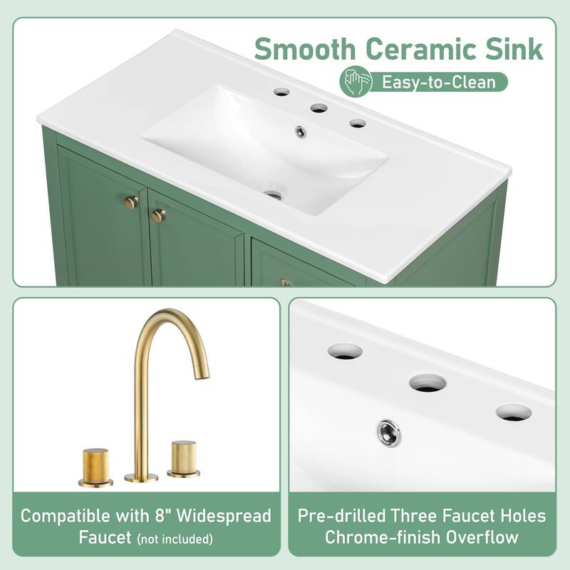 36" Complete Bathroom Vanity Set with Sink - 4 Multi-Size Soft-Close Drawers + Cabinet - Solid Wood Frame & Legs