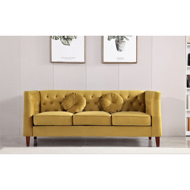 US PRIDE FURNITURE Velvet Classic Chesterfield Sofa with Wood legs - Yellow Green
