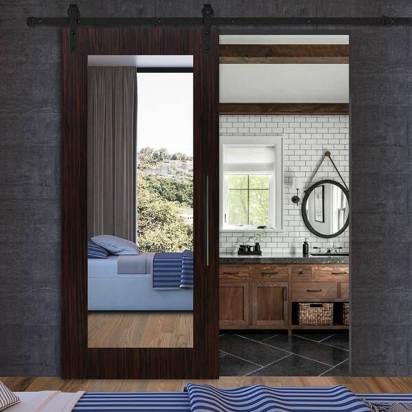 Ebony Wood Sliding Barn Door Mirror with Carbon Steel Hardware Bed