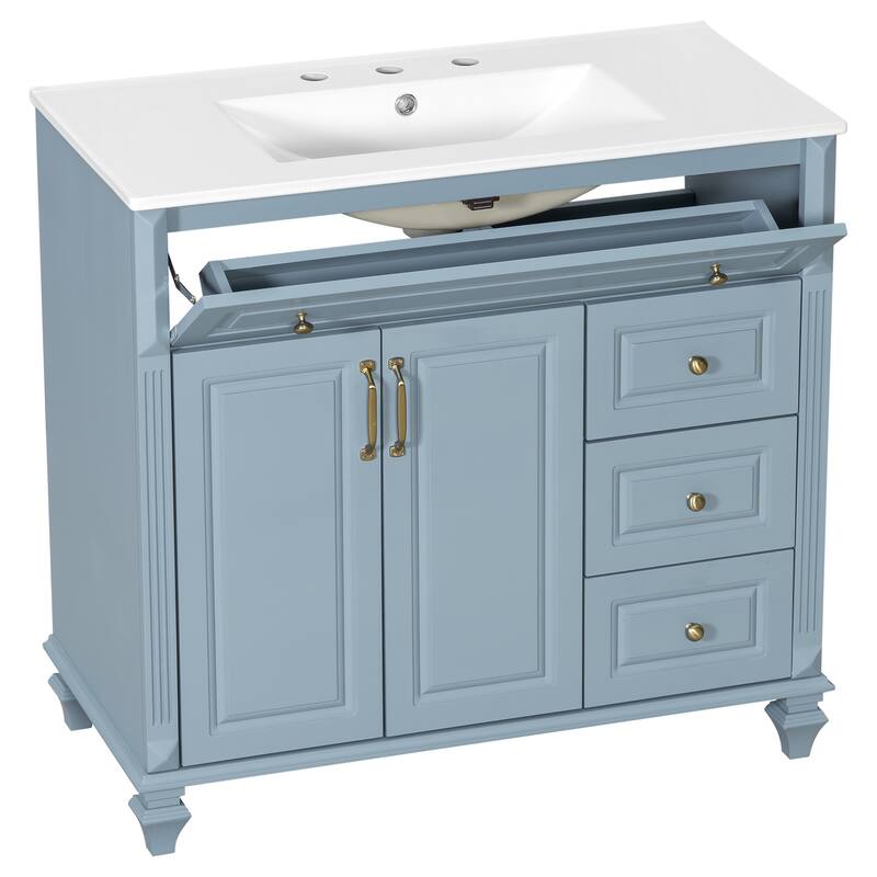 36" Bathroom Vanity with Sink - Solid Wood Cabinet with Flip Drawer, 3 Drawers & 2 Doors, Gold Handles, Modern Vanity
