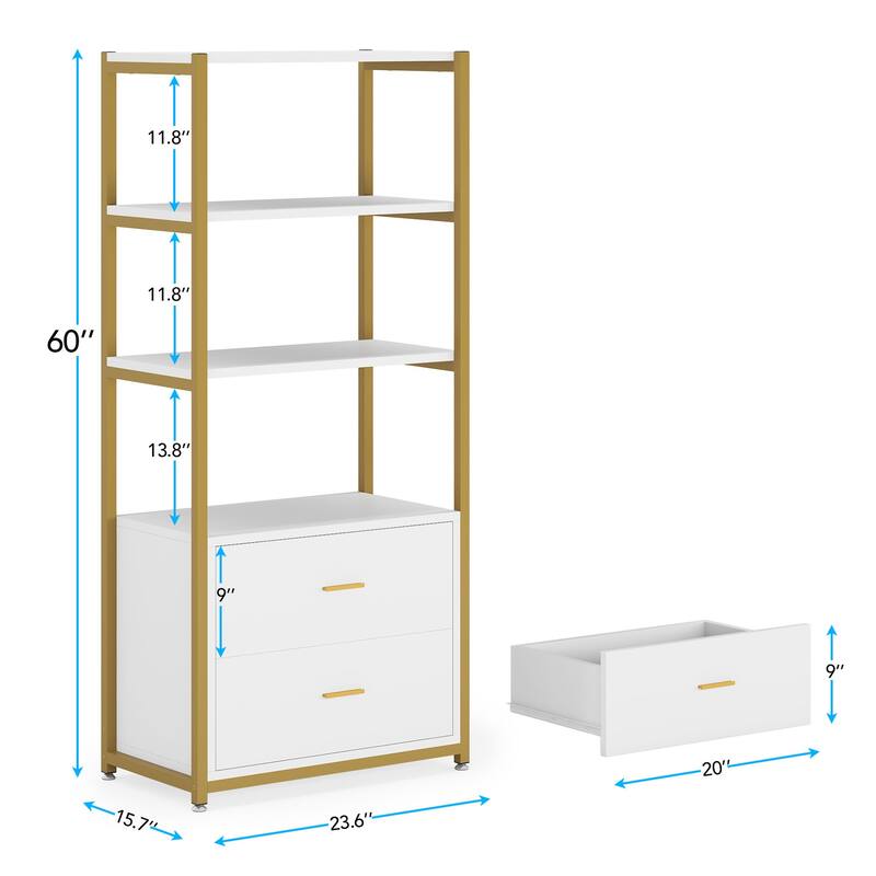 4-Tier Rustic Bookcases with 2 Drawers, Etagere Standard Book Shelves Display Shelf for Home Office