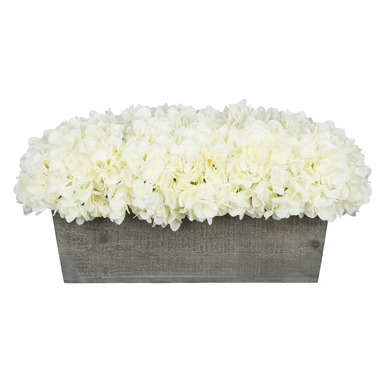 Faux Hydrangeas in Grey Wood Washed Ledge Planter - White