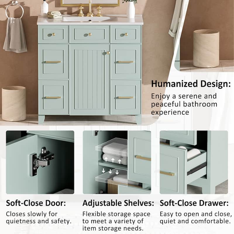 Modern 36" Bathroom Vanity with Ceramic Sink, Soft-Close Doors, 4 Drawers & Adjustable Storage Shelf in Green