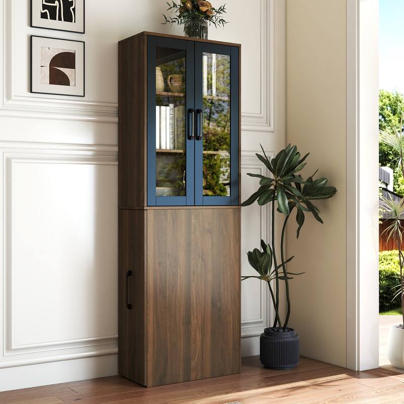 70.87 inch H Display Storage Cabinet 4 Tier Pull out Shelf 2 Glass Doors Modern Wooden Tall Bookshelf Living Room