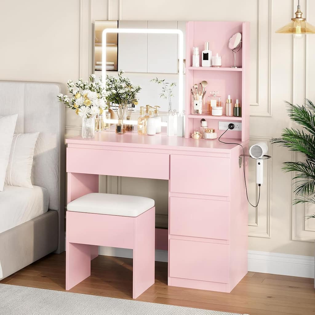 Vanity Desk with Mirror and Lights,Makeup Dressing Table with Outlets and 4 Drawers