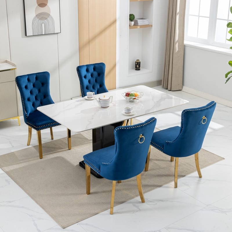 Contemporary Velvet Upholstered Dining Chair Set of 4 - Blue Gold