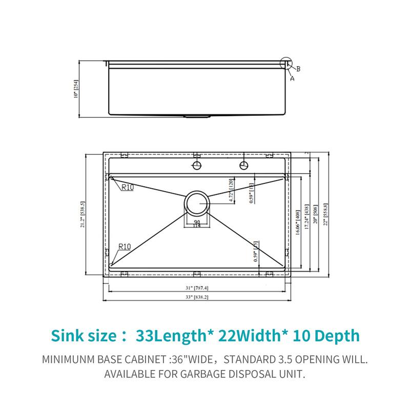 33" Drop-In 16 Gauge Single Bowl Stainless Steel Kitchen Sink