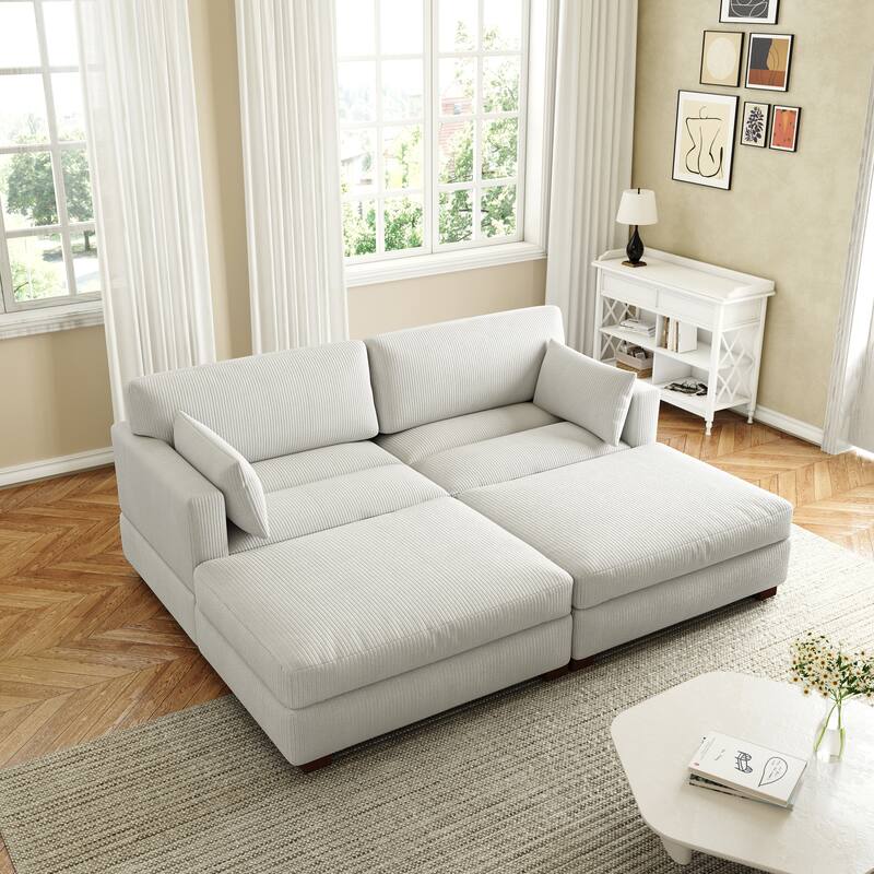 Corduroy Modular Sectional Sofa Deep Seat Corner Sofas & Ottomans - Beige