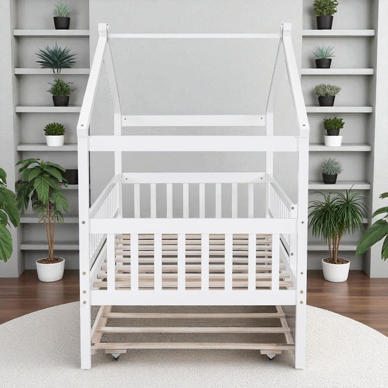 Twin Size Wooden House Bed with Trundle, Roof Design Platform Frame with Headboard for Kids, No Box Spring Needed