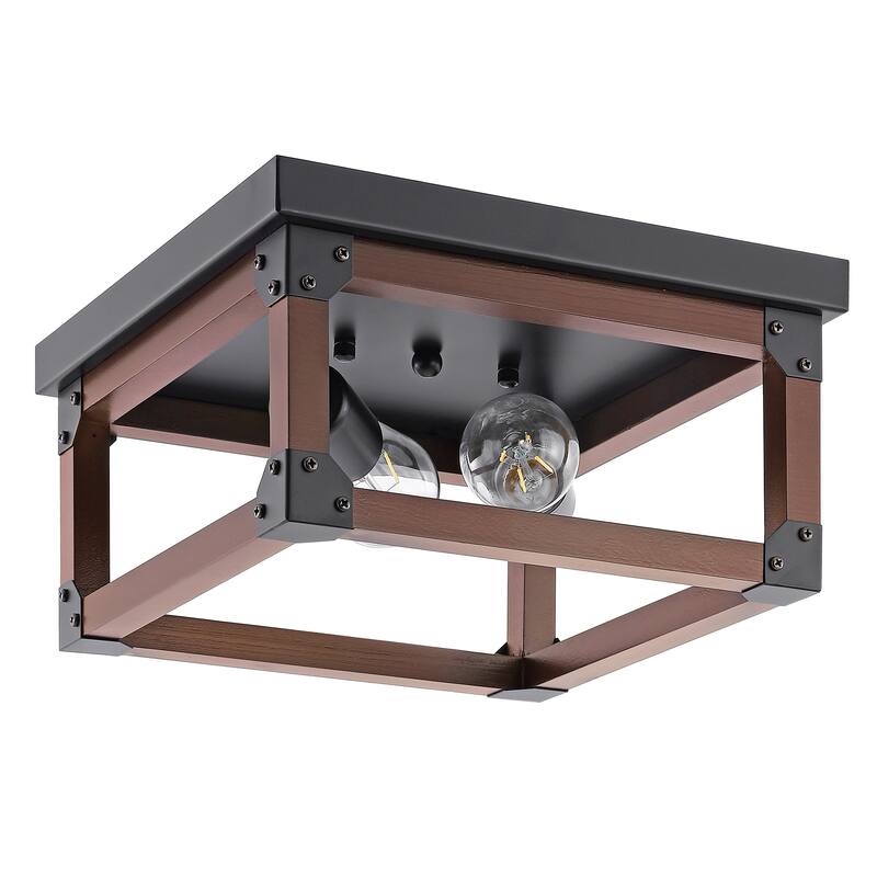 GetLedel 2-light Industrial Square Wood Flush Mount Ceiling Light