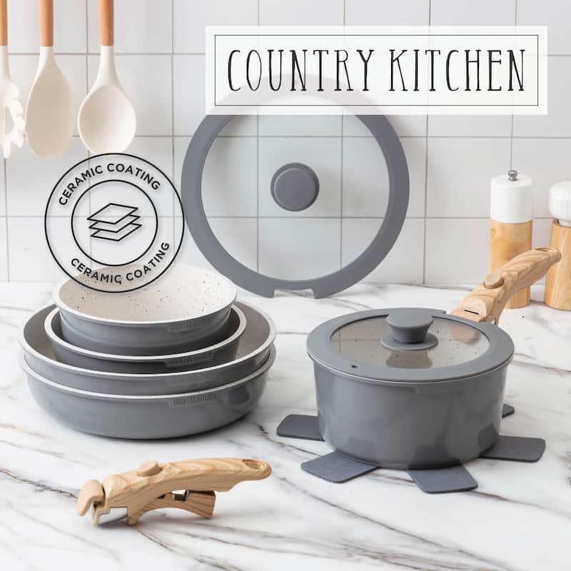 Country Kitchen 16 Piece RV Cookware Set Ceramic with Removable Handle Oven Safe.