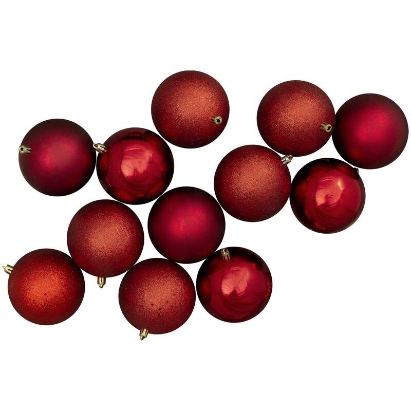 Shatterproof 4-Finish Christmas Ball Ornaments - 4" (100mm) - Red - 12ct