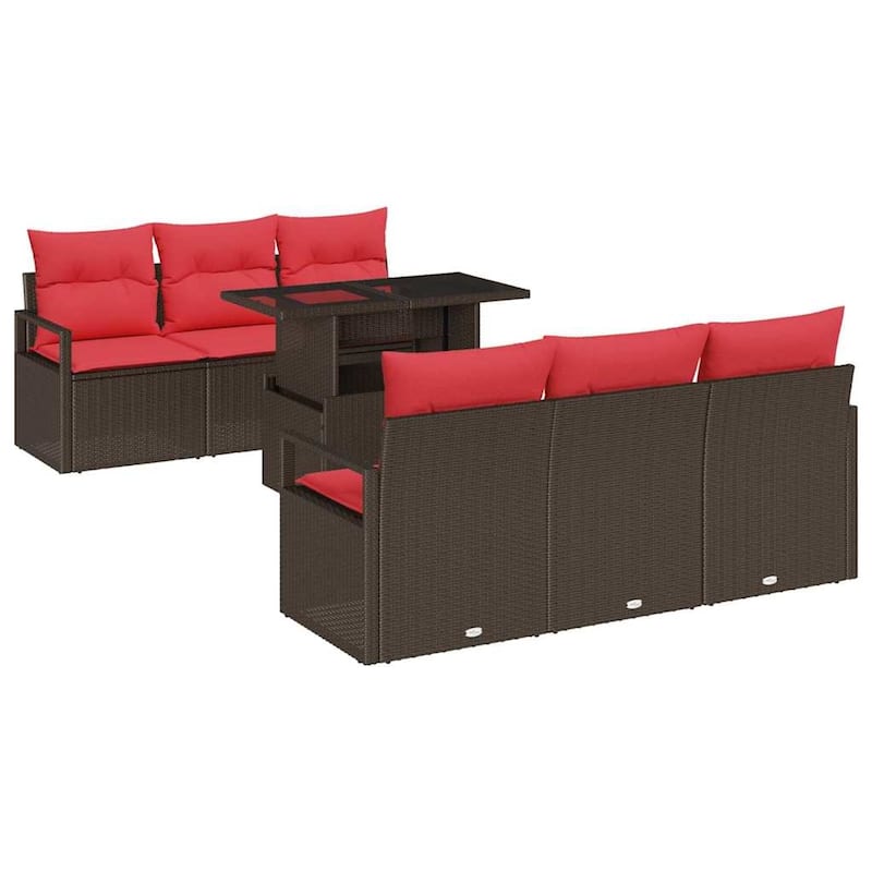vidaXL 7 Garden Sofa Set with Cushions Black/Brown/Grey Poly Rattan - 68.9 x 24.4 x 27.2