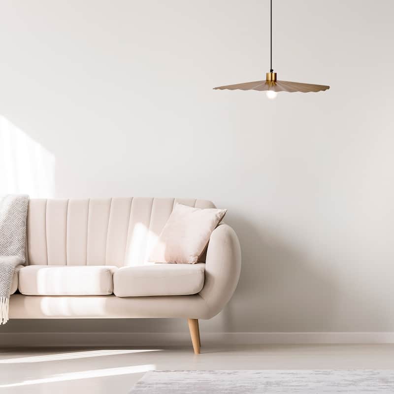 Cory River of Goods Antique Brass Disk-Shaped Indoor Pendant Lamp with Wavy Retro Shade - 24" x 24" x 5.75/64.75"