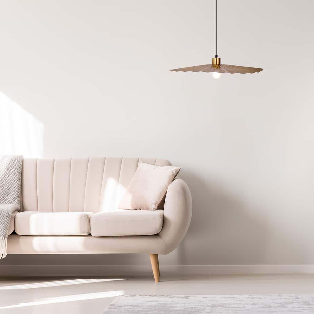Cory River of Goods Antique Brass Disk-Shaped Indoor Pendant Lamp with Wavy Retro Shade - 24" x 24" x 5.75/64.75"