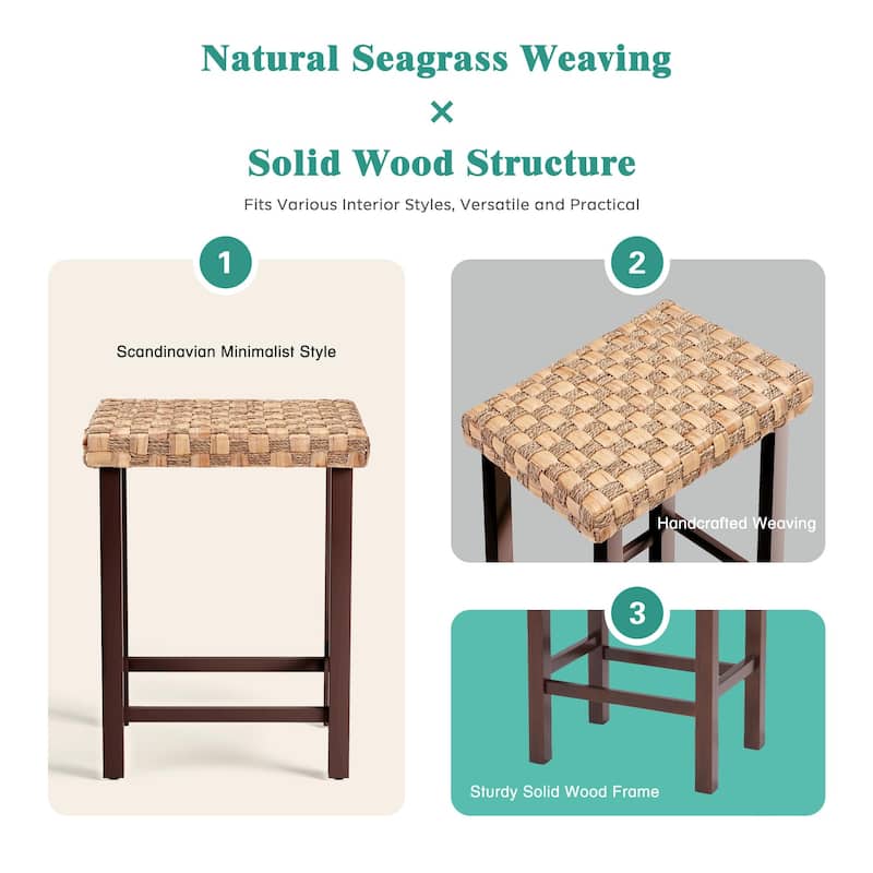 Set of 3 Handwoven Seagrass Bar Stools - 26.3" Height Adjustable, Solid Rubberwood Legs