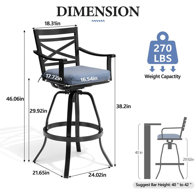 All-Weather Patio Outdoor Indoor Aluminum Swivel Bar Stools with Sunbrella Cushion