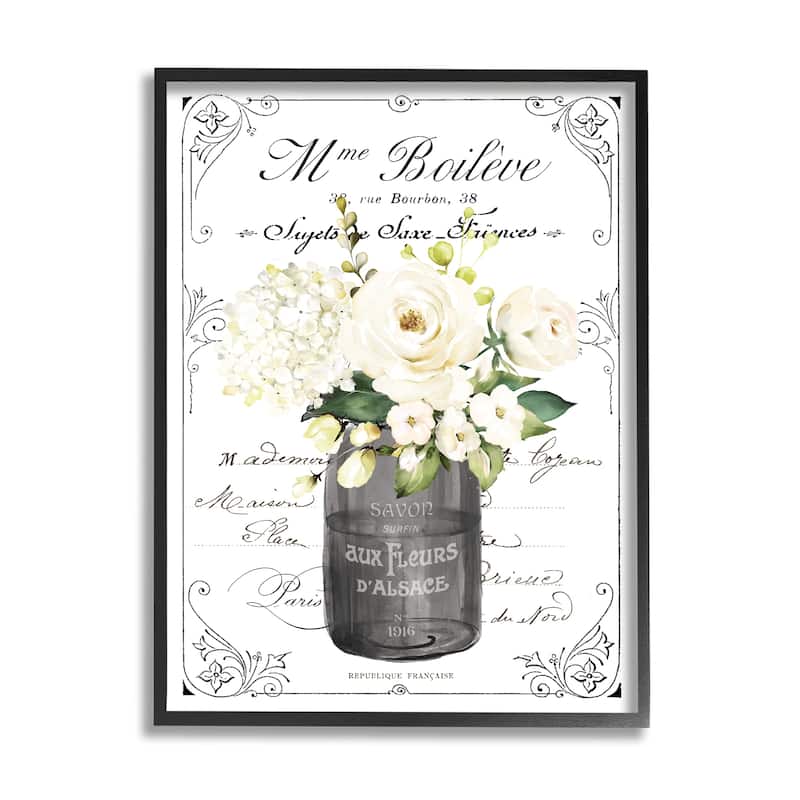 Stupell Vintage Parisian Bathroom Floral Bouquet White Flowers Framed Wall Art - 24 x 30 - Black