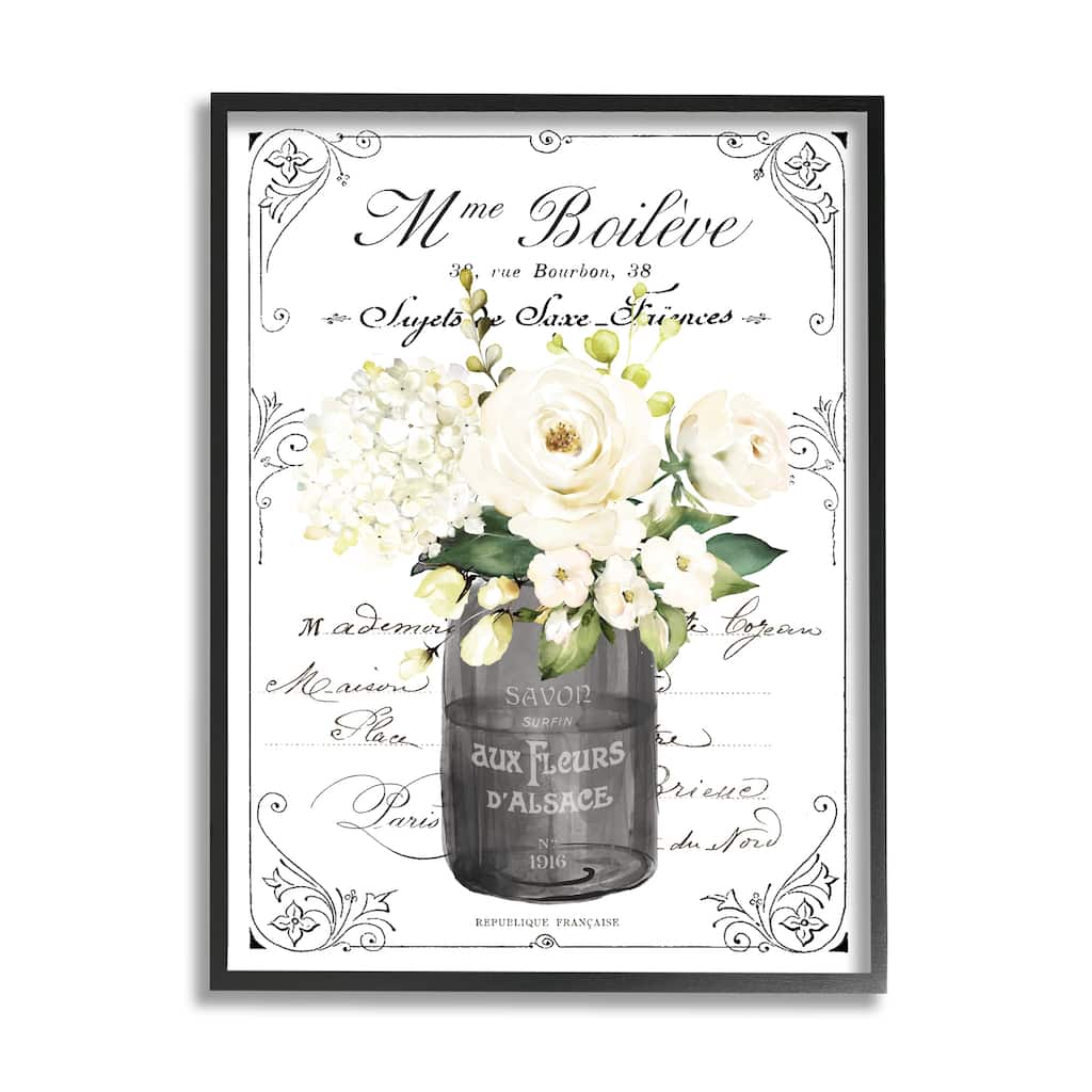 Stupell Vintage Parisian Bathroom Floral Bouquet White Flowers Framed Wall Art