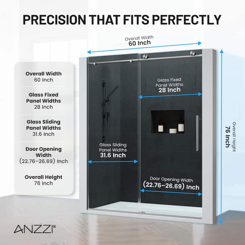 Mountain 60-inch Reversible Frameless Sliding Deco-Glass Shower Door with Soft-Close System