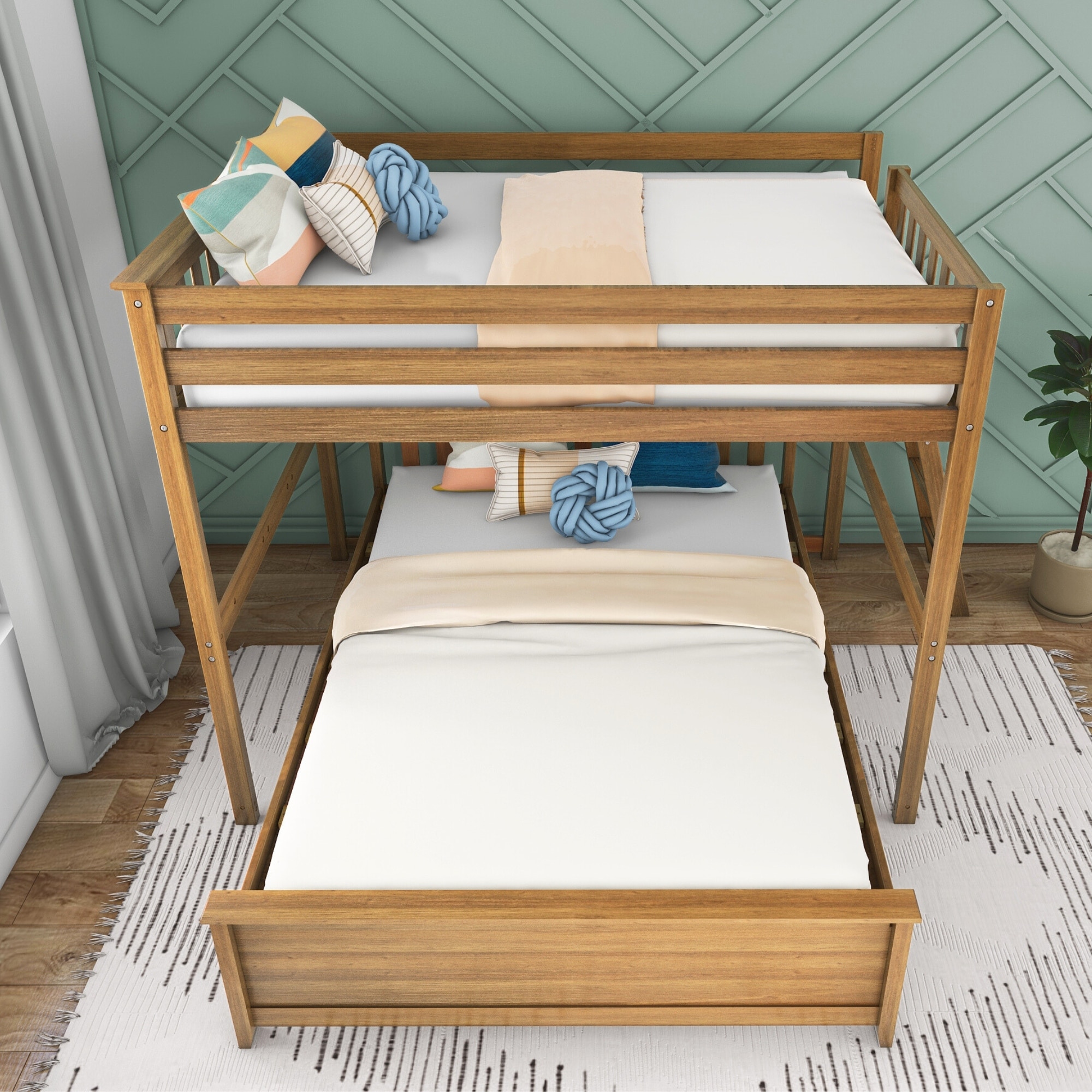 Max and Lily L Shaped Full over Queen Bunk Bed with Ladder on End White