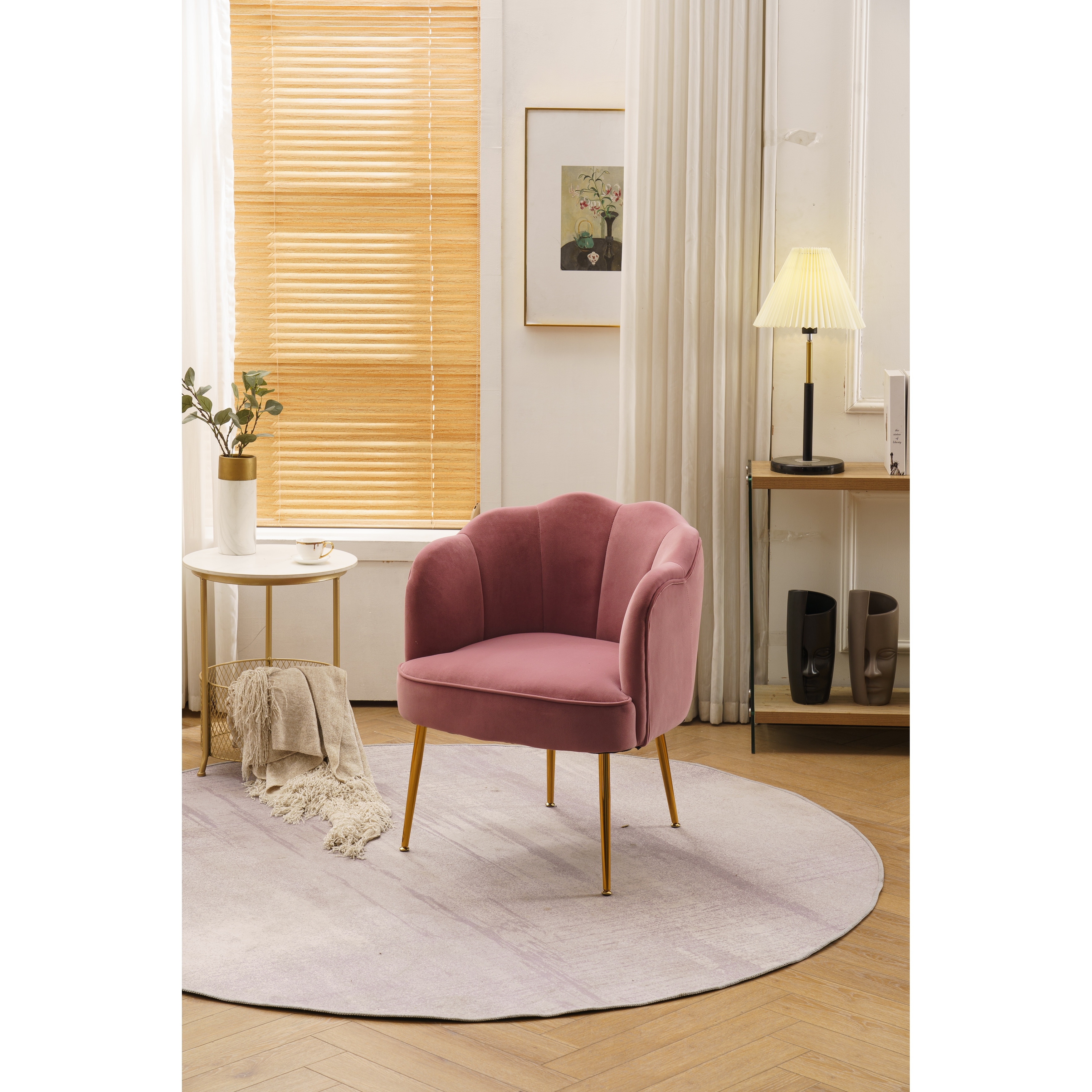 Shell Shape Velvet Fabric Armchair Accent Chair with Gold Metal