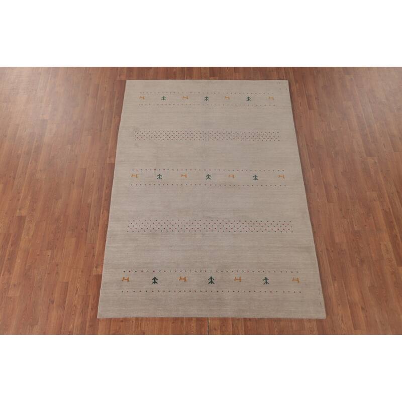 Oriental Gabbeh Area Rug Hand-Knotted Tribal Beige Wool Carpet - 5'3"x 7'6"