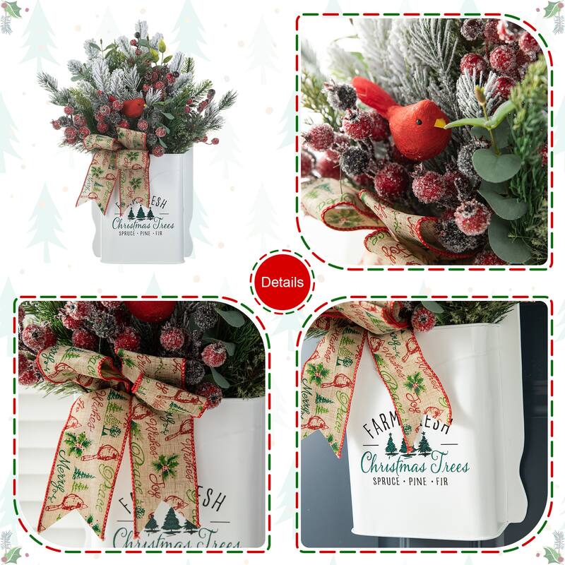 Glitzhome Artificial Christmas Flocked Pinecone Berry Teardrop Wreath Centerpiece