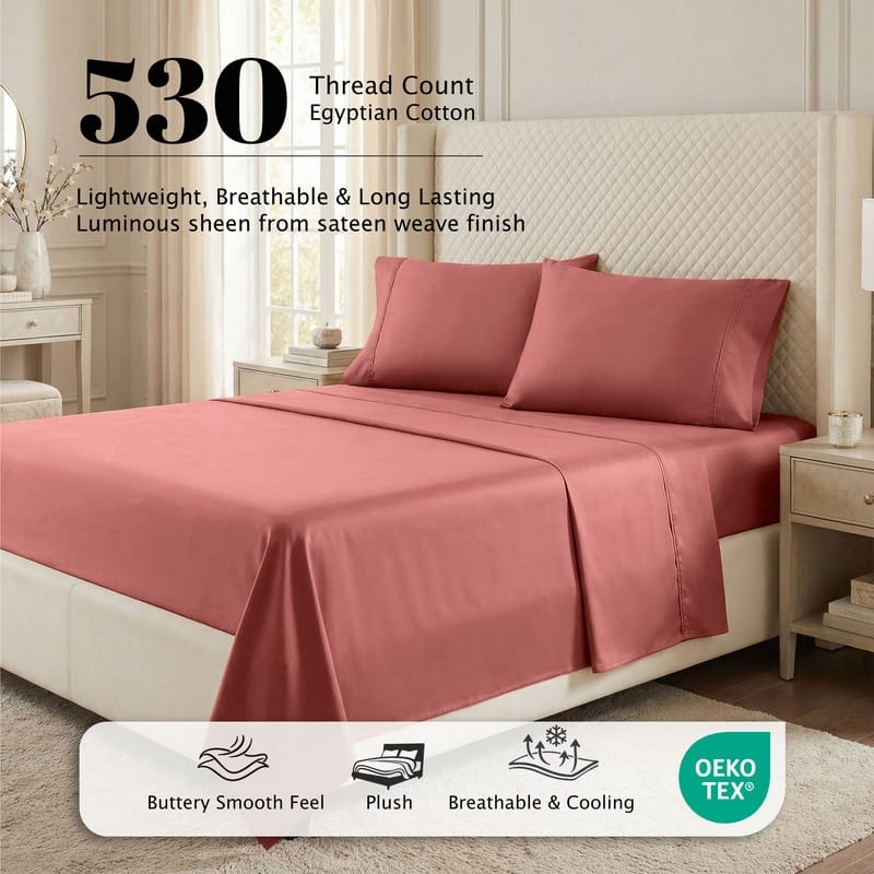 Superior Egyptian Cotton 530 TC Sheet Set Sateen Weave, Deep Pocket, Ultra‑Soft & Breathable Bedding