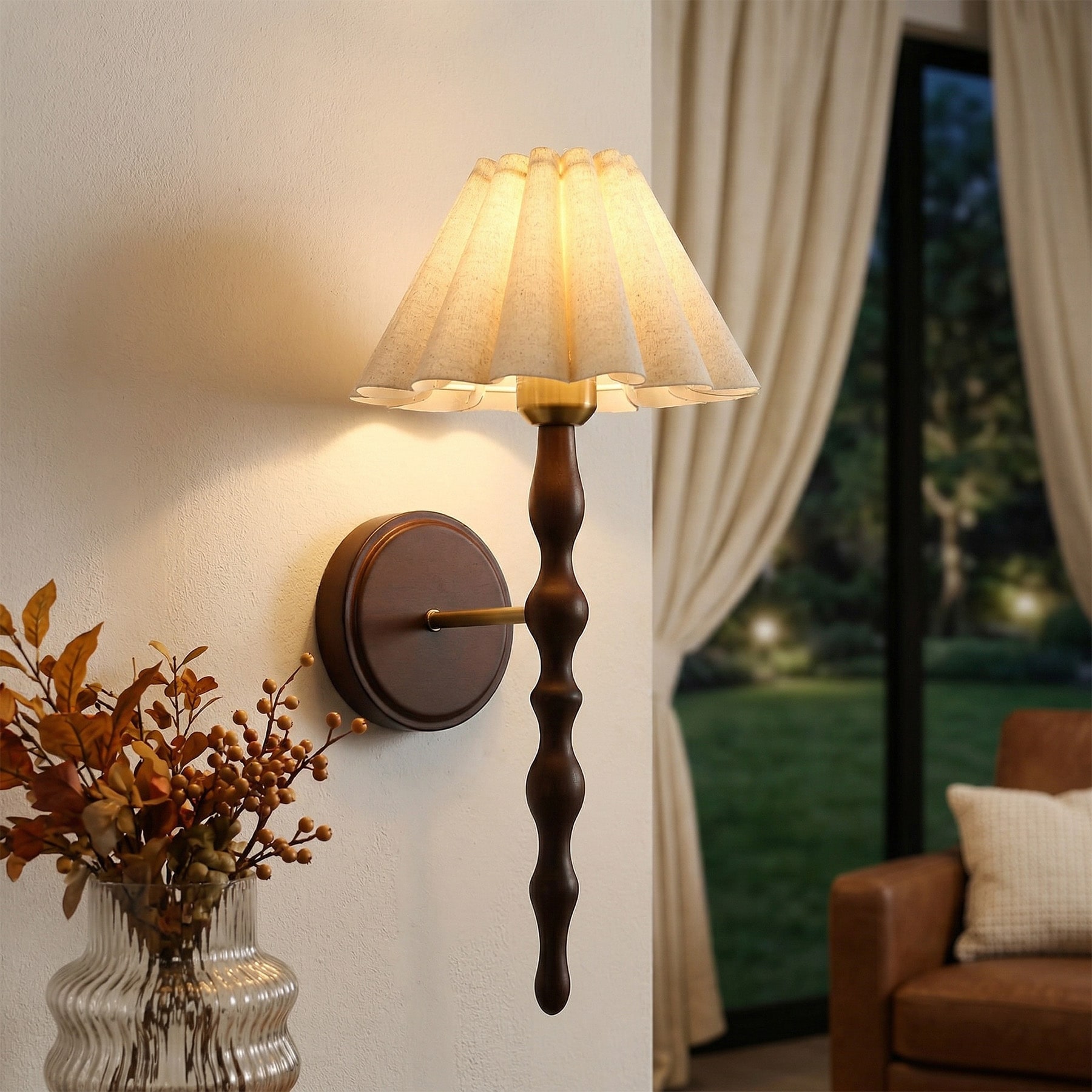 2-Pack Vintage Wall Sconce with Linen Shade, Faux Wood Metal Arm