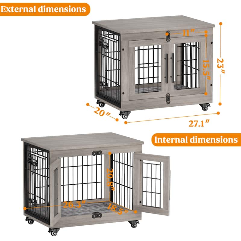 Dog Crate Indoor Heavy Duty Double Doors Wooden Dog Cage with Cushion
