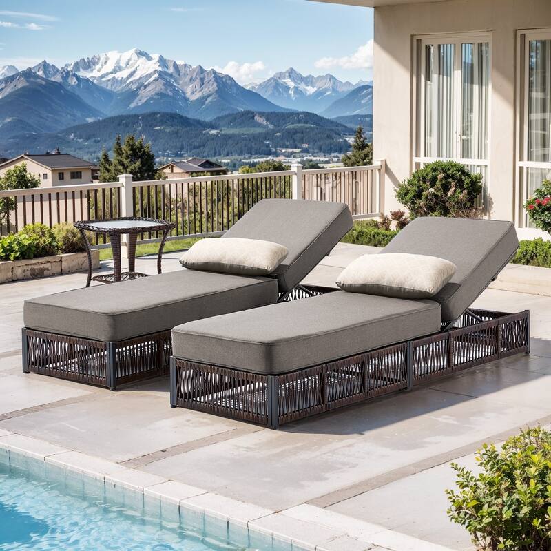 Pocassy 3 Pieces Patio Chaise Lounge Chair with Adjustable Backrest - Brown Wicker Beige Cushion
