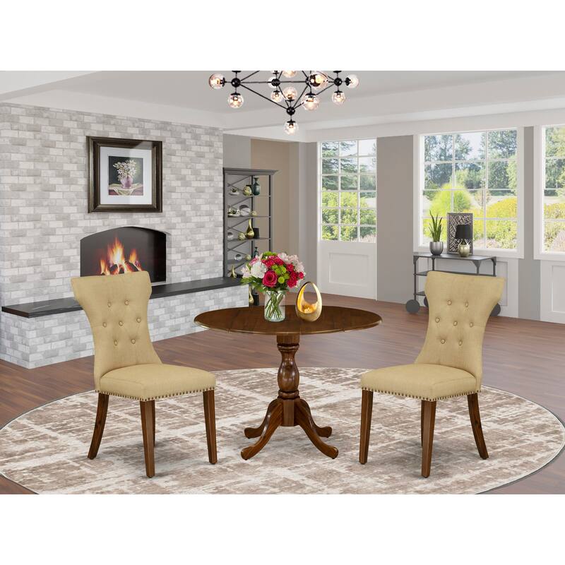 East West Furniture 3 Piece Dinette Set- a Round Dining Table with Dropleaf and 2 Linen Fabric Dining Chairs, (Finish Options) - DMGA3-AWA-03