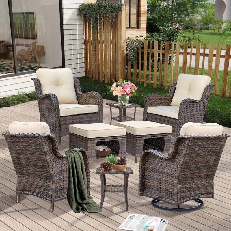 Patio Conversation Sets-Wicker Patio Furniture Sets with Swivel Chairs - 8 Piece - Cream