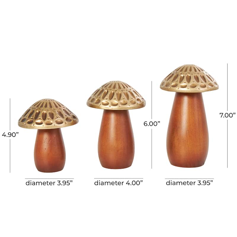 Wood Mushroom Sculpture with Gold Tops and Groove Patterns - Set of 3 Brown - Roche River Decor - 4"W x 4"L x 7"H