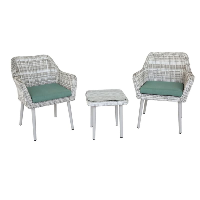 Beige Wicker Patio Bistro Set with Green Fabric Cushions - 3-Piece Outdoor Dining Set with Glass Top Table and Armchairs