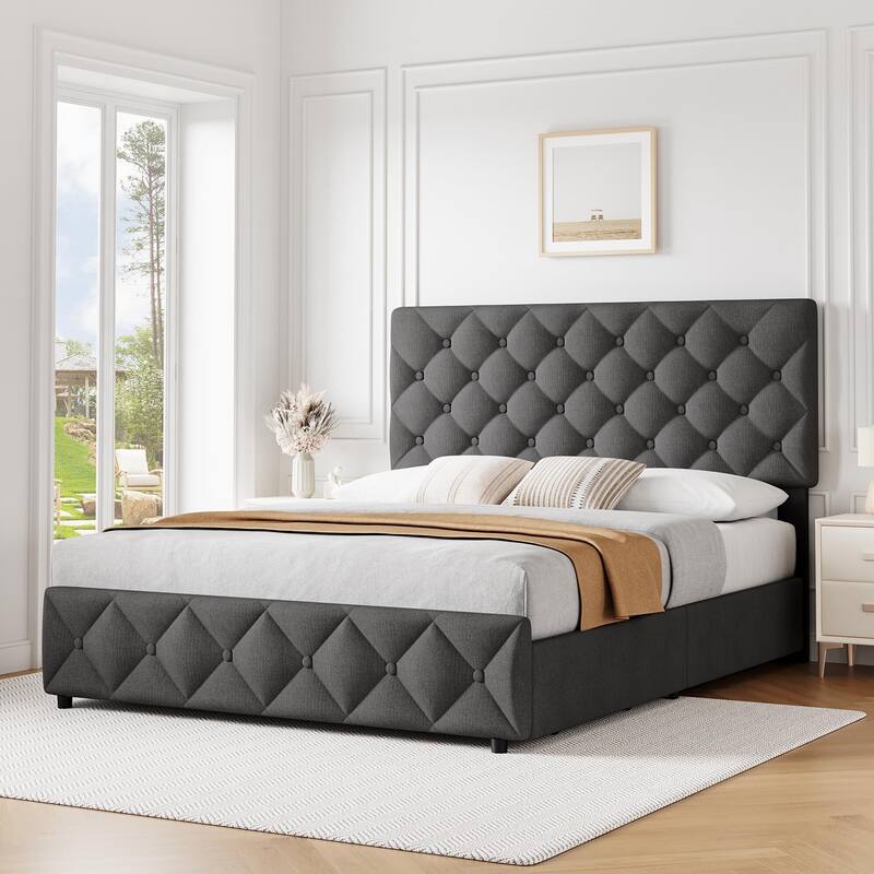 Bed Frame with 4 Storage Drawers and Adjustable Headboard